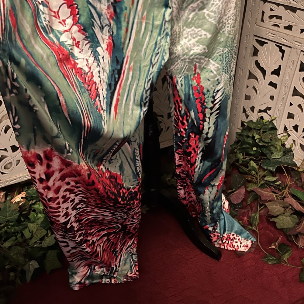 SPRING FEVER WHITE GREEN RED & ANIMAL PRINT STRAPLESS WIDE LEG PLUS JUMPSUIT - Picture 6 of 13